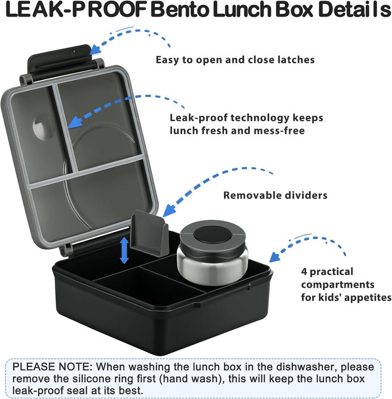 Howeemo Bento Lunch Box Set for Kids with 8oz Soup Thermo, Leak-Proof Lunch Containers with 4 Compartment, Kids Thermo Hot Food Jar and Insulated Lunch Bag for Kid to School-Black - Image 5